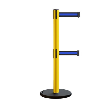 MONTOUR LINE Retractable Belt Dbl Rolling Stanchion, 2.5ft Yellow Post  7.5ft Bk/Bl MSE630D-YW-BBH-75